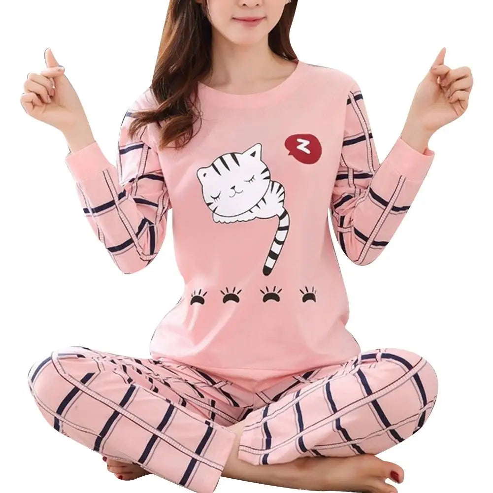 Conjunto De Pijama De Duas Peças De Inverno Com Estampa De Gato