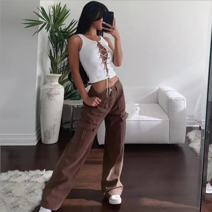 Calça Jeans Feminina Cargo Casual Envio Imediato