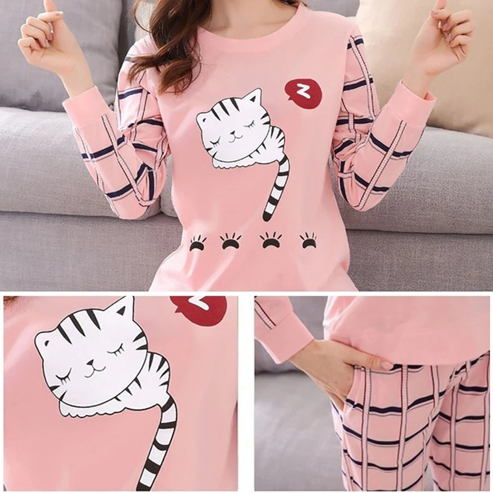 Conjunto De Pijama De Duas Peças De Inverno Com Estampa De Gato