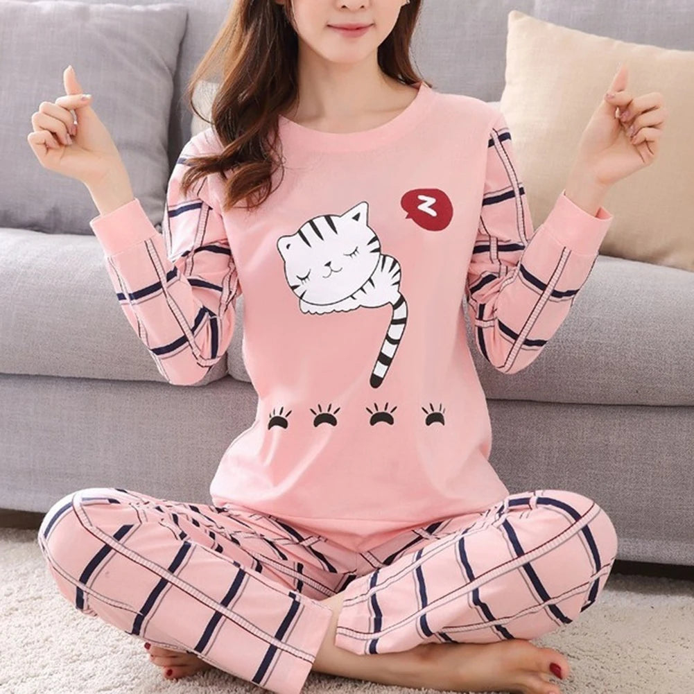 Conjunto De Pijama De Duas Peças De Inverno Com Estampa De Gato
