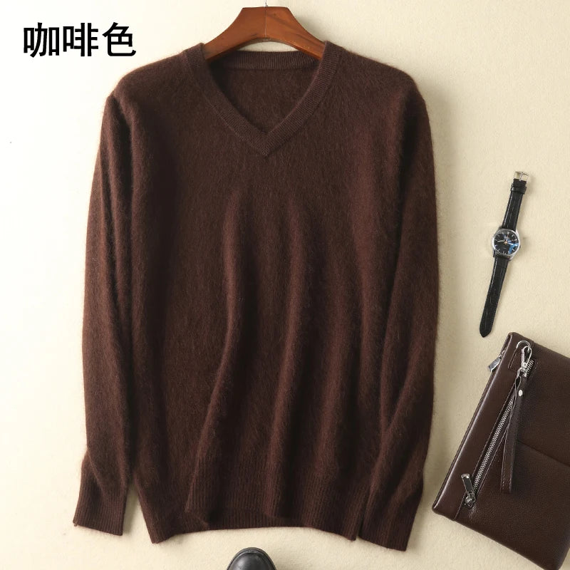 LHZSYY Men's 100% Mink Cashmere Large Size Sweaters Autumn Winter Solid V-neck Casual Knit Pullovers Men Long Sleeve Warm Jumper