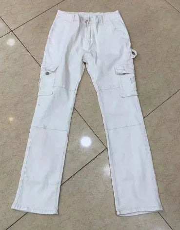 Calça Jeans Feminina Cargo Com Emendas Básica Casual