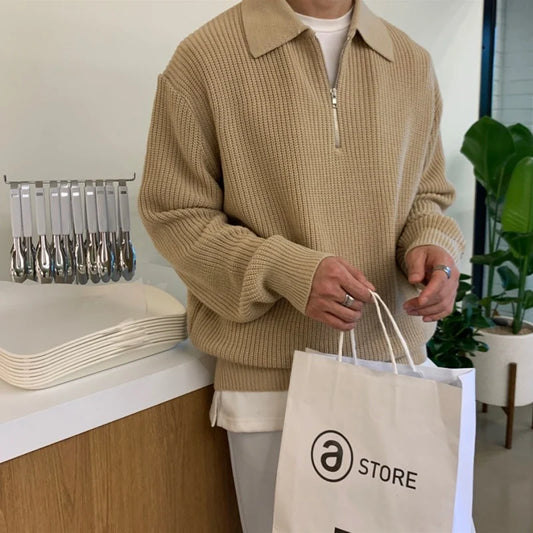 Suéter De Lapela Tricolor Masculino, Pulôver De Malha Casual Com Zíper Manga Comprida