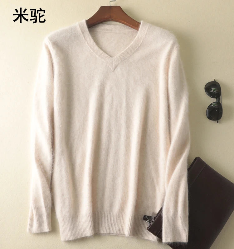 LHZSYY Men's 100% Mink Cashmere Large Size Sweaters Autumn Winter Solid V-neck Casual Knit Pullovers Men Long Sleeve Warm Jumper