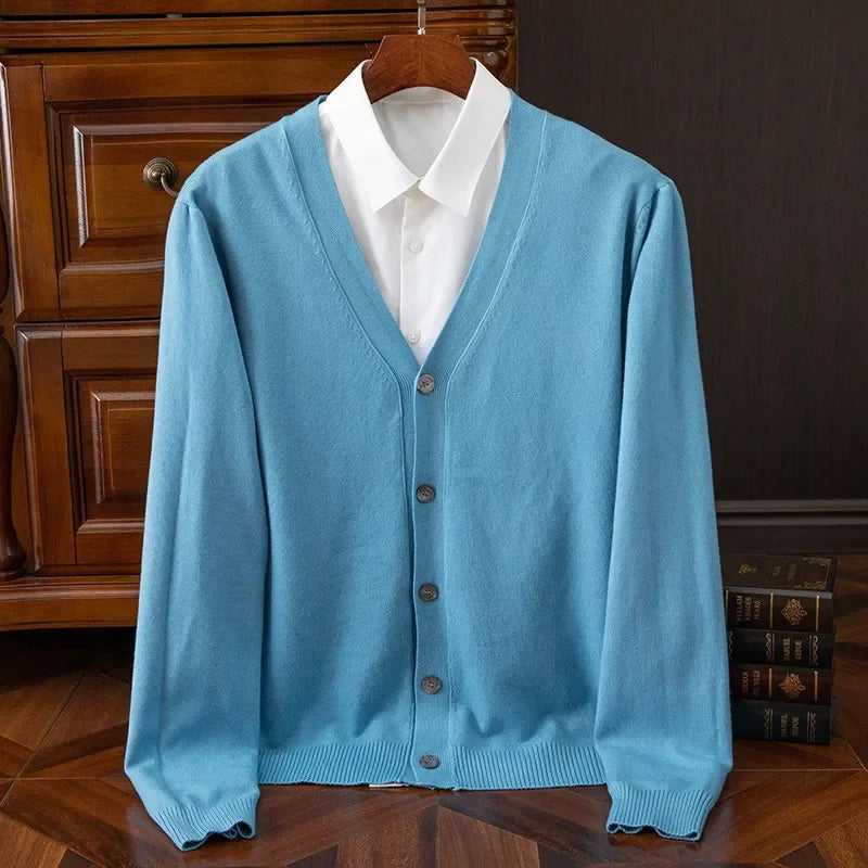 Plus Size M-5XL Cashmere Cardigan Men's Solid Color Knitted Sweater V-neck Warm Wool Casual Coat High Quality New Style