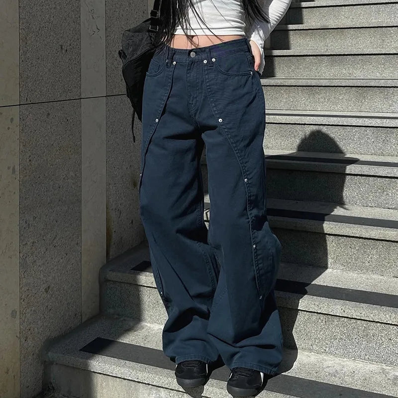 Calça Jeans Feminina Streetwear Cargo Vintage