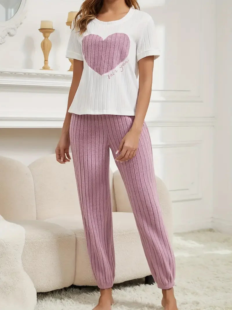Autumn Winter Two-Piece Pajamas Set for Women Sleepwear Heart Print Round Neck Short Sleeve Long Pants Home Wear