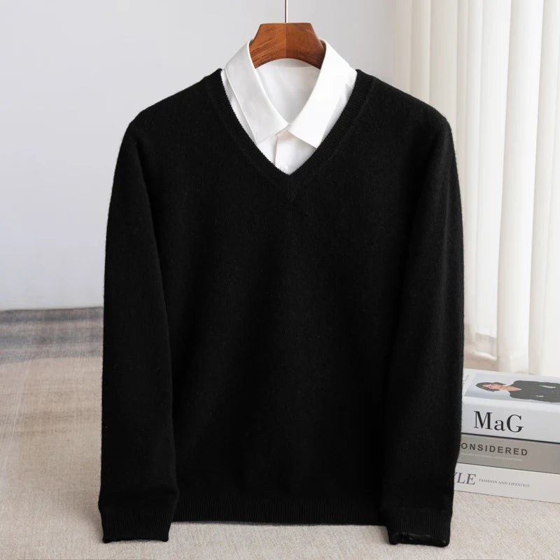 Suéter De Lã Com Decote Em V Masculino Manga Comprida