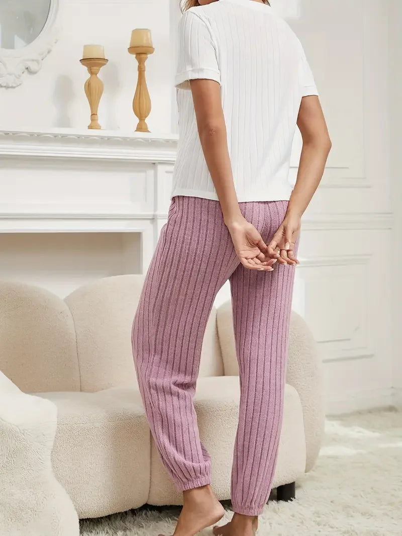 Autumn Winter Two-Piece Pajamas Set for Women Sleepwear Heart Print Round Neck Short Sleeve Long Pants Home Wear