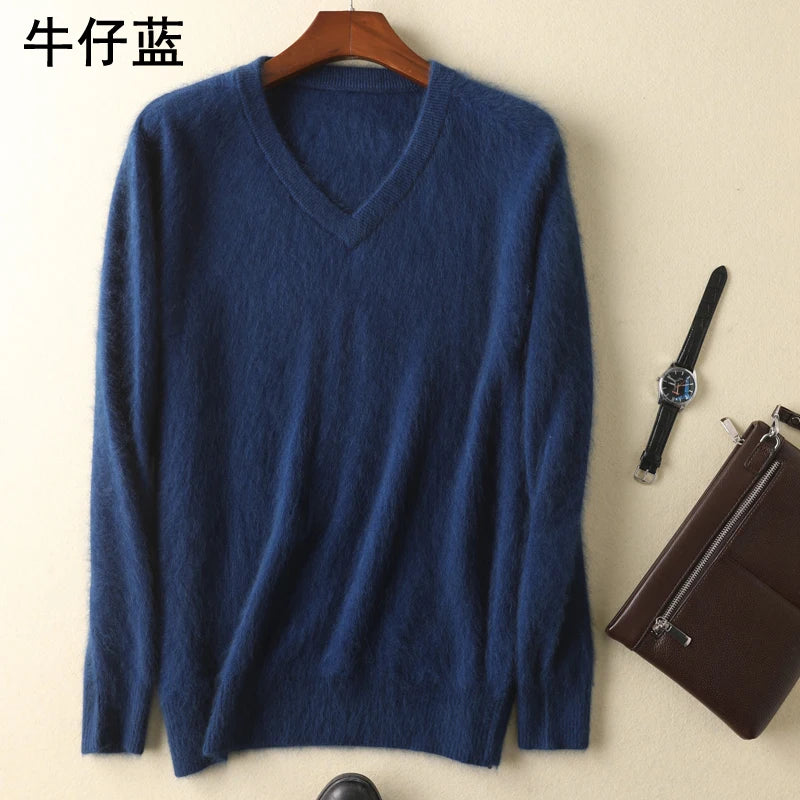 LHZSYY Men's 100% Mink Cashmere Large Size Sweaters Autumn Winter Solid V-neck Casual Knit Pullovers Men Long Sleeve Warm Jumper