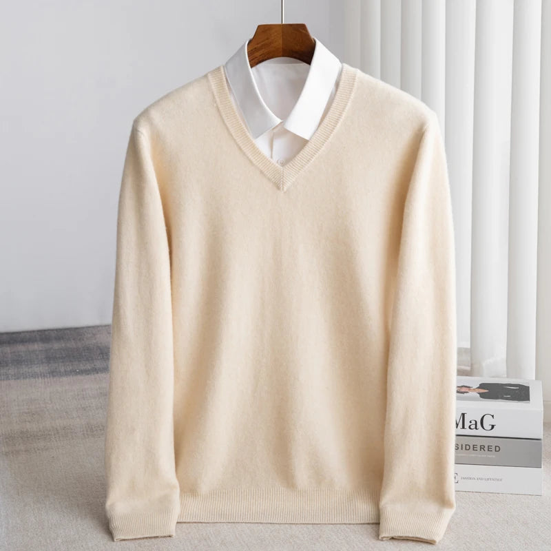 Suéter De Lã Com Decote Em V Masculino Manga Comprida