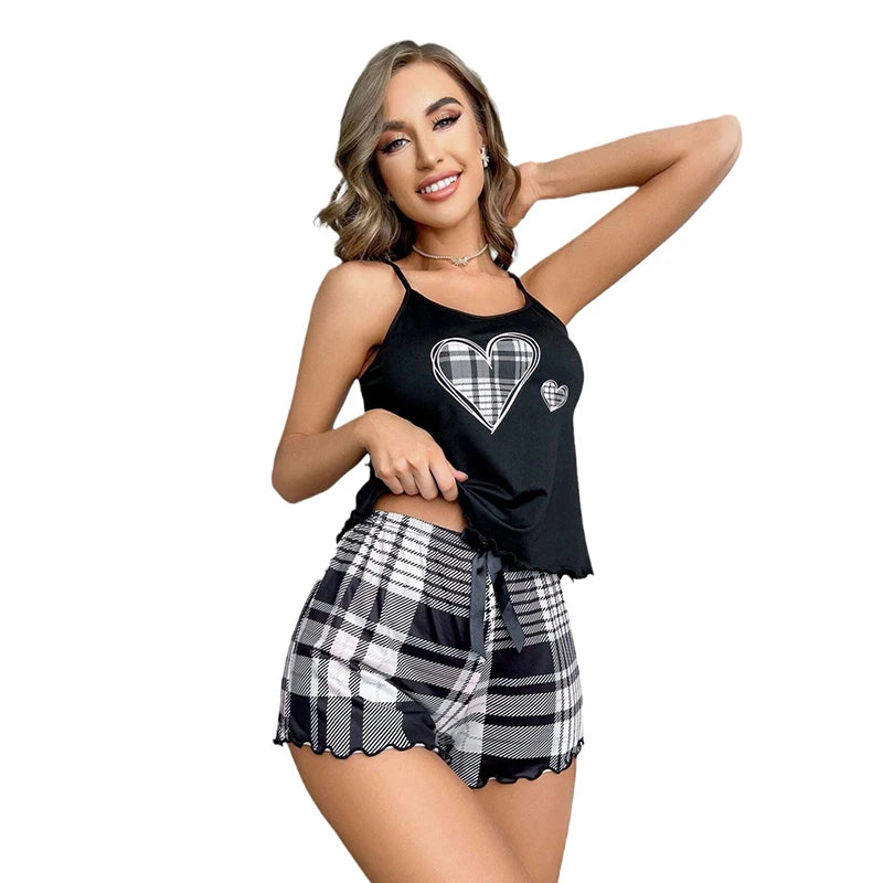 Conjunto Feminino De Pijama De Suspensório E Shorts Xadrez