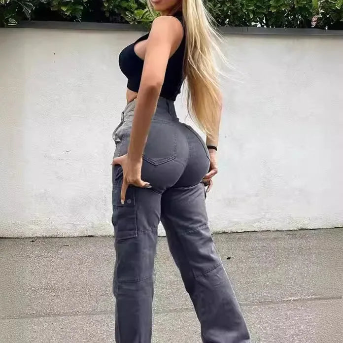 Calça Jeans Feminina Cargo Com Emendas Básica Casual