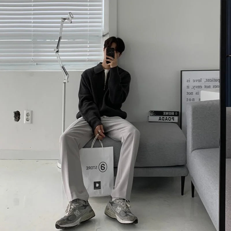 Suéter De Lapela Tricolor Masculino, Pulôver De Malha Casual Com Zíper Manga Comprida