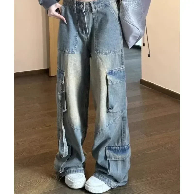 Women's Cargo Jeans with Patched Pockets Basic Distressed Patchwork