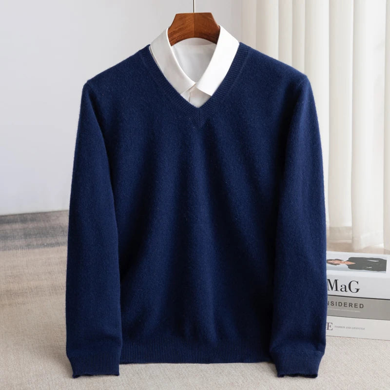 Suéter De Lã Com Decote Em V Masculino Manga Comprida