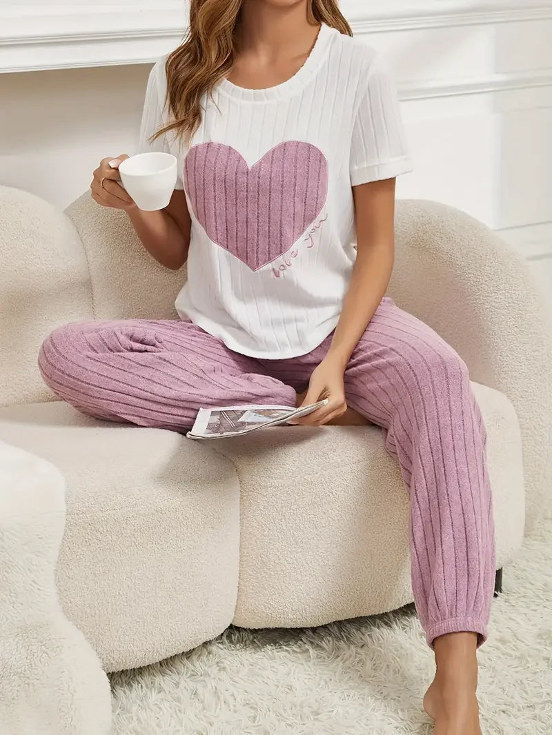 Autumn Winter Two-Piece Pajamas Set for Women Sleepwear Heart Print Round Neck Short Sleeve Long Pants Home Wear