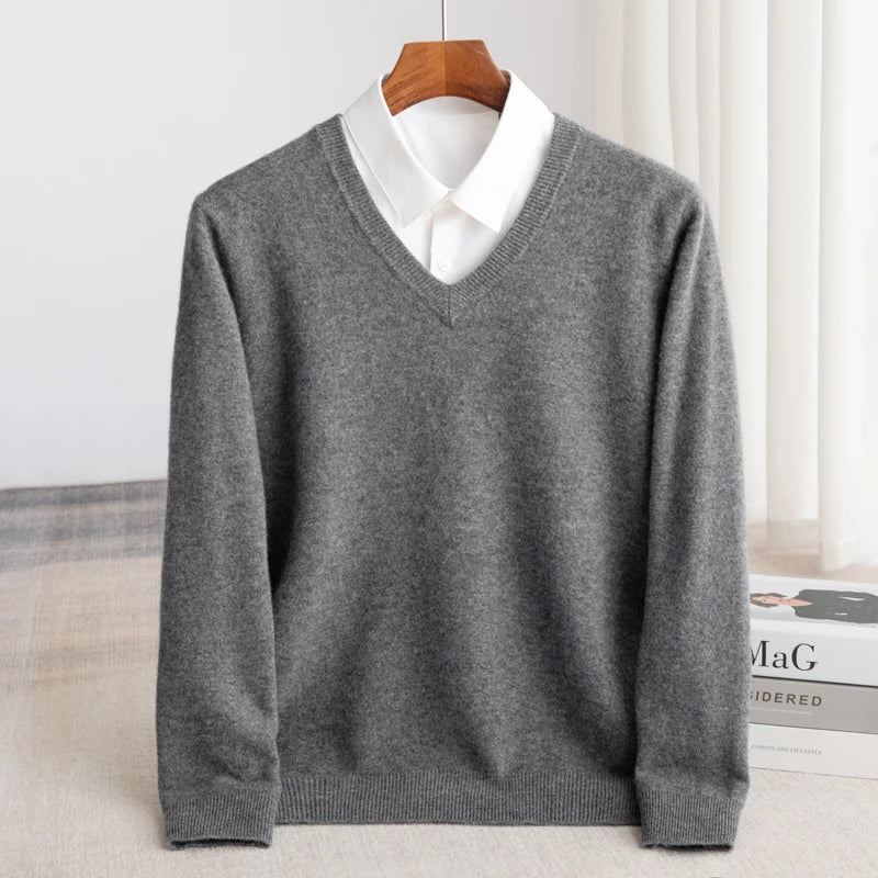 Suéter De Lã Com Decote Em V Masculino Manga Comprida