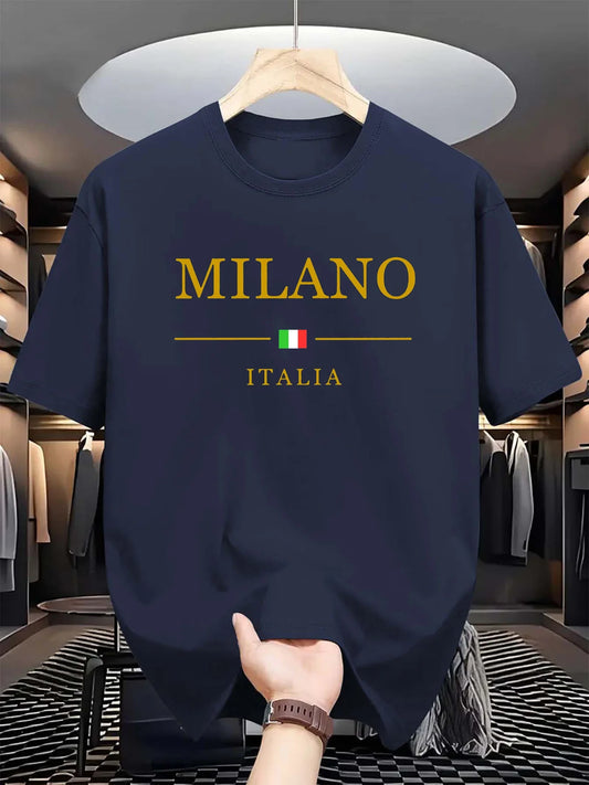 Camiseta Masculina  100% Algodão Moderna E Casual  Plus Size Estampa Milano Italia Esportiva Gola Redonda