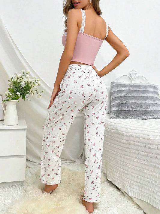 Conjunto De Pijama Feminino Blusas E Calças Casuais Com Estampa Floral