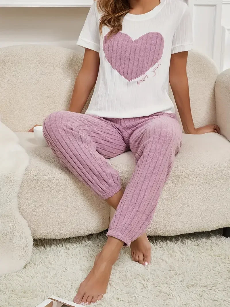 Autumn Winter Two-Piece Pajamas Set for Women Sleepwear Heart Print Round Neck Short Sleeve Long Pants Home Wear