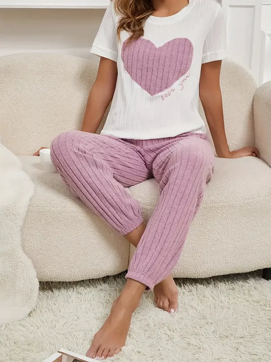 Autumn Winter Two-Piece Pajamas Set for Women Sleepwear Heart Print Round Neck Short Sleeve Long Pants Home Wear