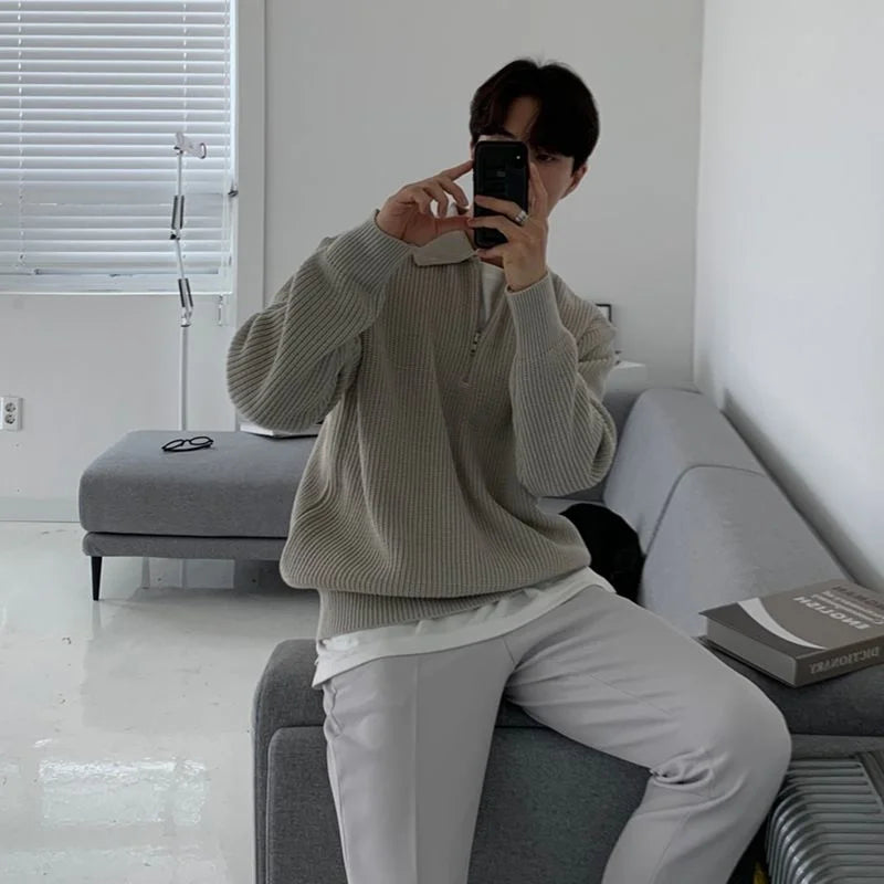 Suéter De Lapela Tricolor Masculino, Pulôver De Malha Casual Com Zíper Manga Comprida