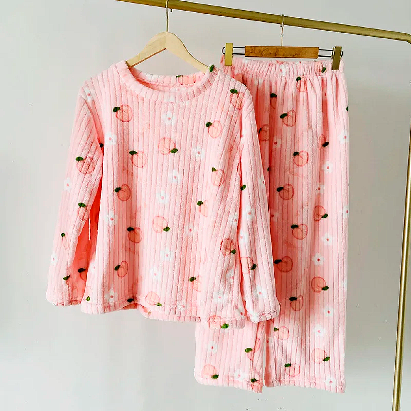 Conjunto De Pijama Feminino De 2 Peças De Lã Manga Comprida E Calça