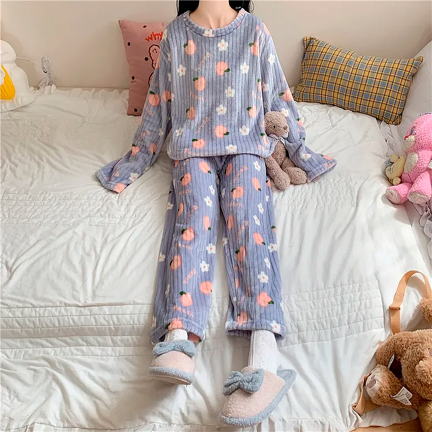 Conjunto De Pijama Feminino De 2 Peças De Lã Manga Comprida E Calça