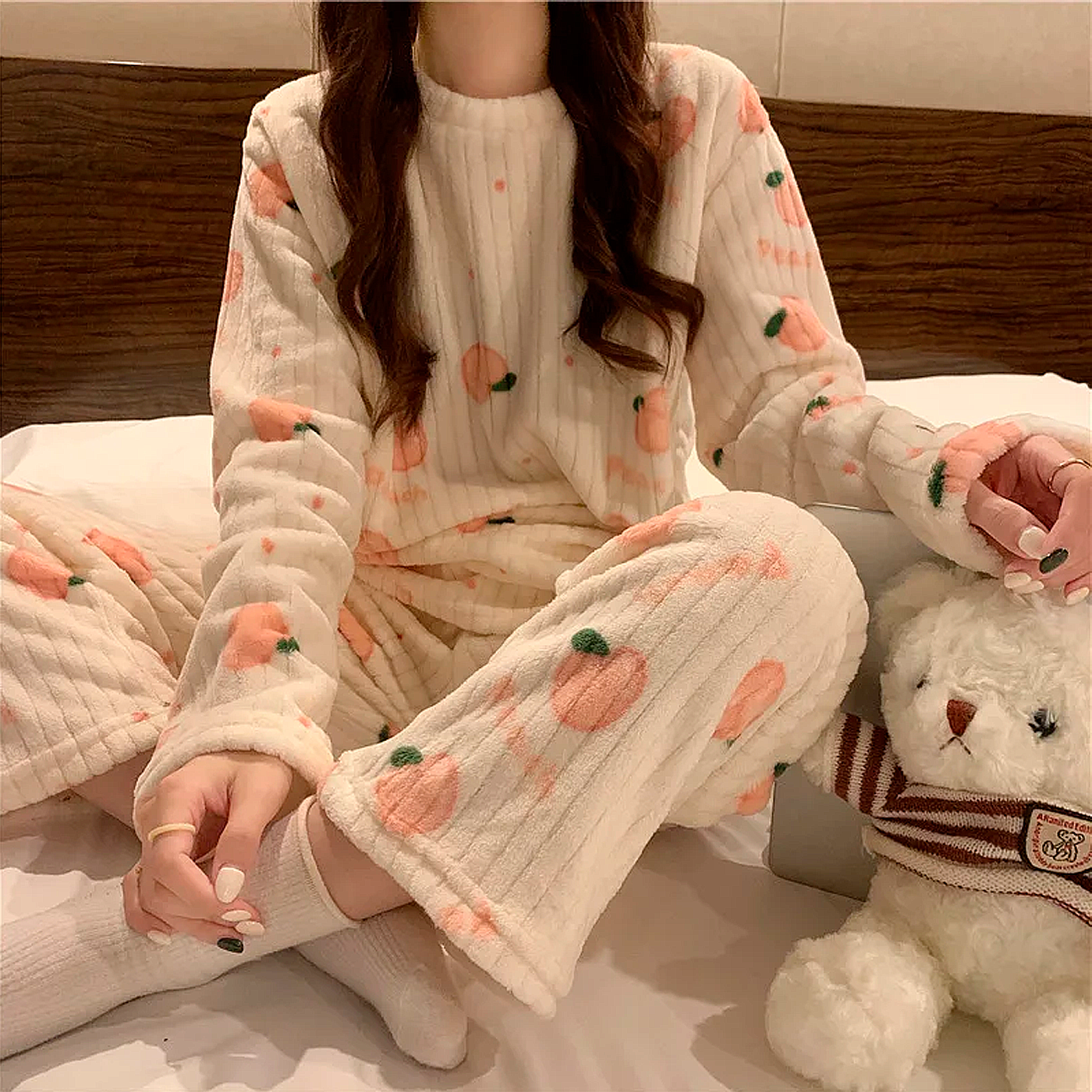 Conjunto De Pijama Feminino De 2 Peças De Lã Manga Comprida E Calça