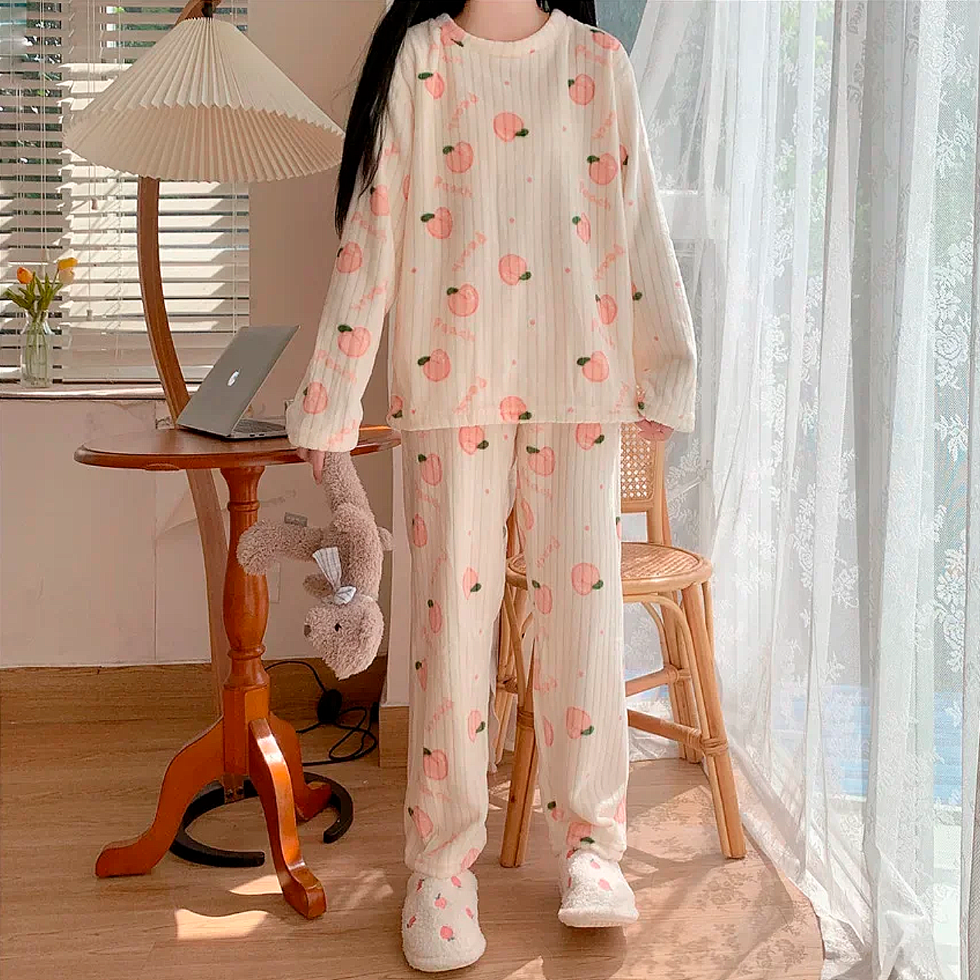 Conjunto De Pijama Feminino De 2 Peças De Lã Manga Comprida E Calça